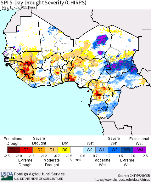 Western Africa SPI 5-Day Drought Severity (CHIRPS) Thematic Map For 5/11/2022 - 5/15/2022