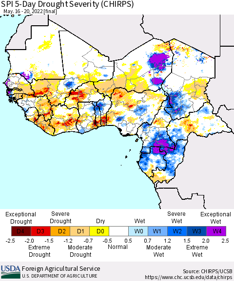 Western Africa SPI 5-Day Drought Severity (CHIRPS) Thematic Map For 5/16/2022 - 5/20/2022