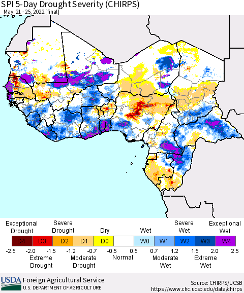 Western Africa SPI 5-Day Drought Severity (CHIRPS) Thematic Map For 5/21/2022 - 5/25/2022