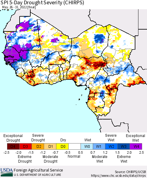 Western Africa SPI 5-Day Drought Severity (CHIRPS) Thematic Map For 5/26/2022 - 5/31/2022