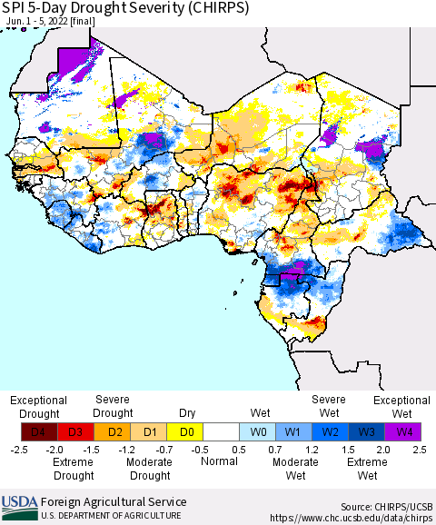 Western Africa SPI 5-Day Drought Severity (CHIRPS) Thematic Map For 6/1/2022 - 6/5/2022
