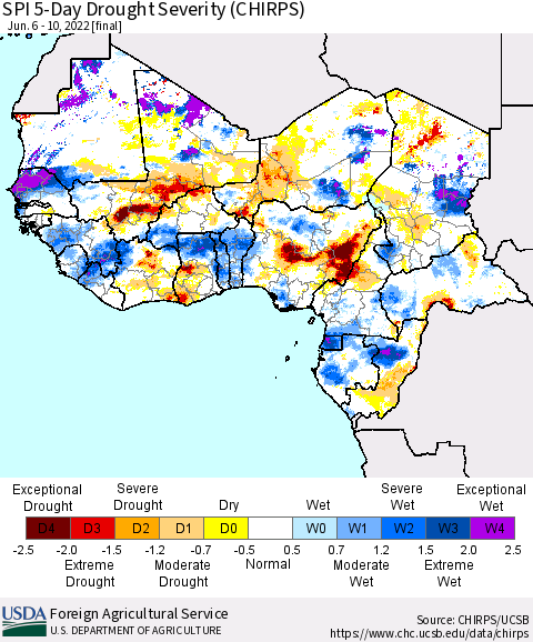 Western Africa SPI 5-Day Drought Severity (CHIRPS) Thematic Map For 6/6/2022 - 6/10/2022
