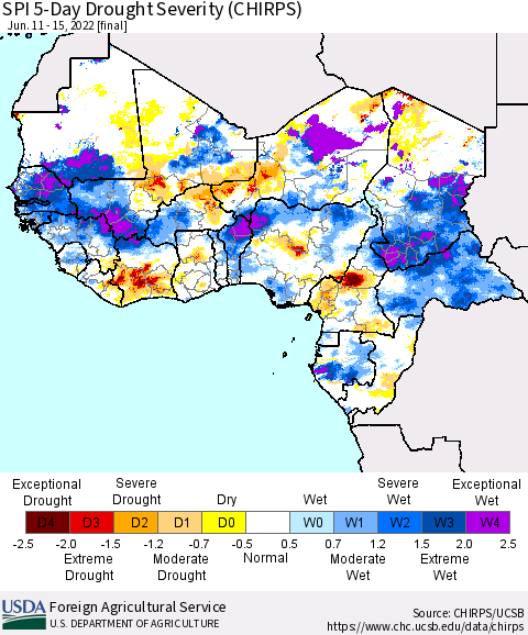 Western Africa SPI 5-Day Drought Severity (CHIRPS) Thematic Map For 6/11/2022 - 6/15/2022