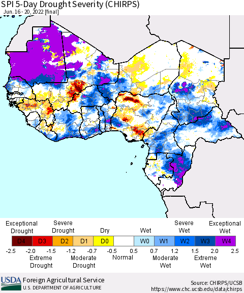 Western Africa SPI 5-Day Drought Severity (CHIRPS) Thematic Map For 6/16/2022 - 6/20/2022