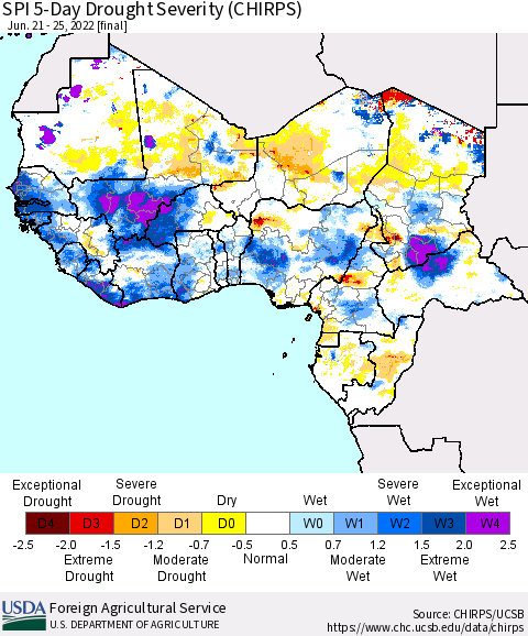 Western Africa SPI 5-Day Drought Severity (CHIRPS) Thematic Map For 6/21/2022 - 6/25/2022