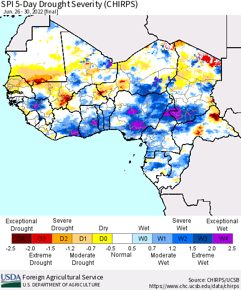Western Africa SPI 5-Day Drought Severity (CHIRPS) Thematic Map For 6/26/2022 - 6/30/2022