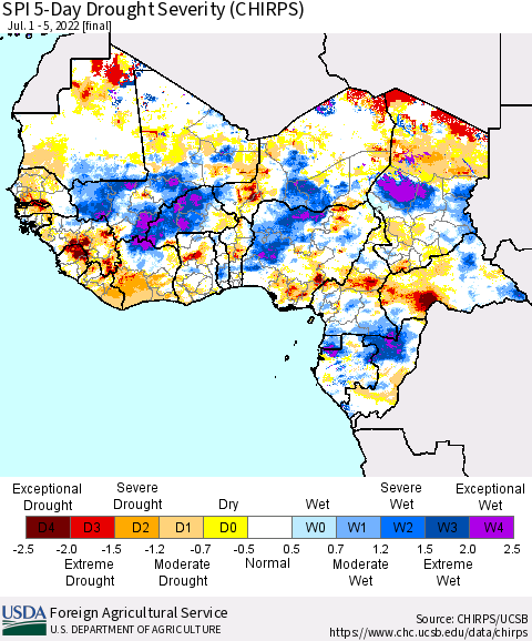 Western Africa SPI 5-Day Drought Severity (CHIRPS) Thematic Map For 7/1/2022 - 7/5/2022
