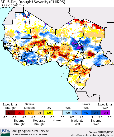 Western Africa SPI 5-Day Drought Severity (CHIRPS) Thematic Map For 7/6/2022 - 7/10/2022