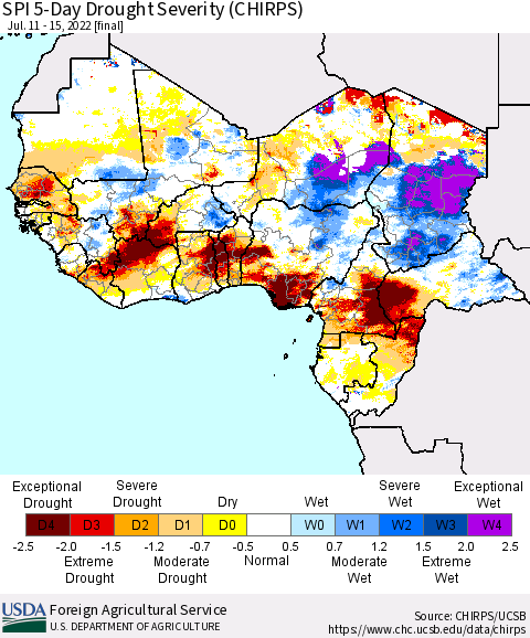 Western Africa SPI 5-Day Drought Severity (CHIRPS) Thematic Map For 7/11/2022 - 7/15/2022