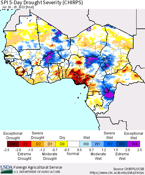 Western Africa SPI 5-Day Drought Severity (CHIRPS) Thematic Map For 7/16/2022 - 7/20/2022