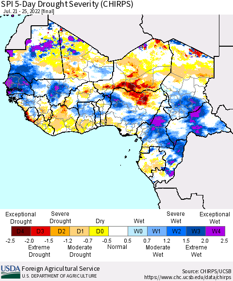 Western Africa SPI 5-Day Drought Severity (CHIRPS) Thematic Map For 7/21/2022 - 7/25/2022