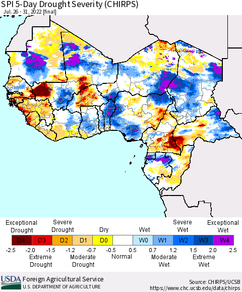 Western Africa SPI 5-Day Drought Severity (CHIRPS) Thematic Map For 7/26/2022 - 7/31/2022