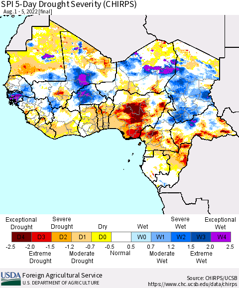 Western Africa SPI 5-Day Drought Severity (CHIRPS) Thematic Map For 8/1/2022 - 8/5/2022