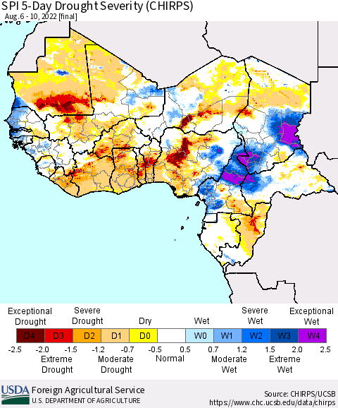 Western Africa SPI 5-Day Drought Severity (CHIRPS) Thematic Map For 8/6/2022 - 8/10/2022