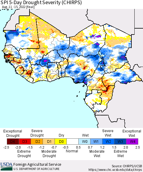 Western Africa SPI 5-Day Drought Severity (CHIRPS) Thematic Map For 8/11/2022 - 8/15/2022