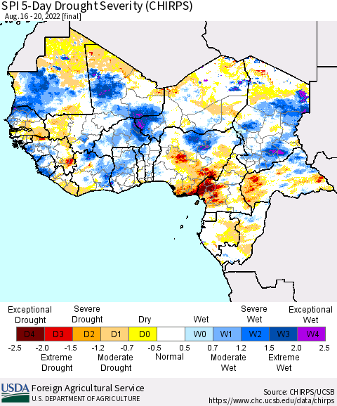 Western Africa SPI 5-Day Drought Severity (CHIRPS) Thematic Map For 8/16/2022 - 8/20/2022
