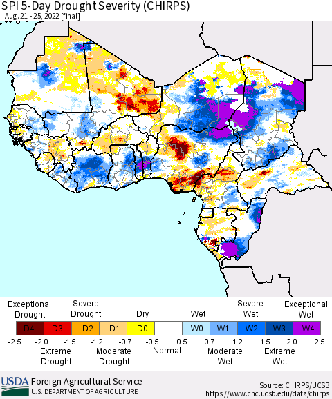 Western Africa SPI 5-Day Drought Severity (CHIRPS) Thematic Map For 8/21/2022 - 8/25/2022