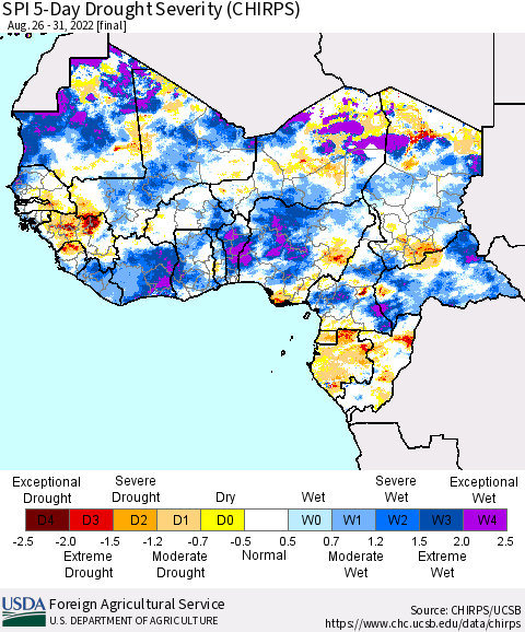 Western Africa SPI 5-Day Drought Severity (CHIRPS) Thematic Map For 8/26/2022 - 8/31/2022