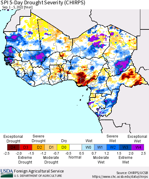 Western Africa SPI 5-Day Drought Severity (CHIRPS) Thematic Map For 9/1/2022 - 9/5/2022