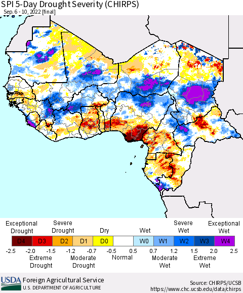 Western Africa SPI 5-Day Drought Severity (CHIRPS) Thematic Map For 9/6/2022 - 9/10/2022