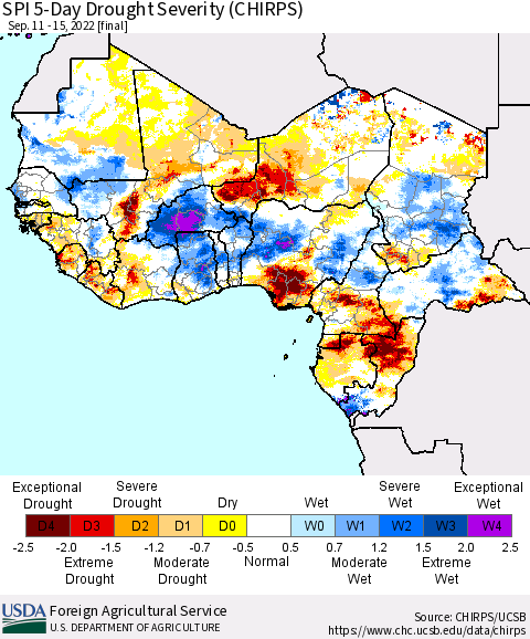 Western Africa SPI 5-Day Drought Severity (CHIRPS) Thematic Map For 9/11/2022 - 9/15/2022