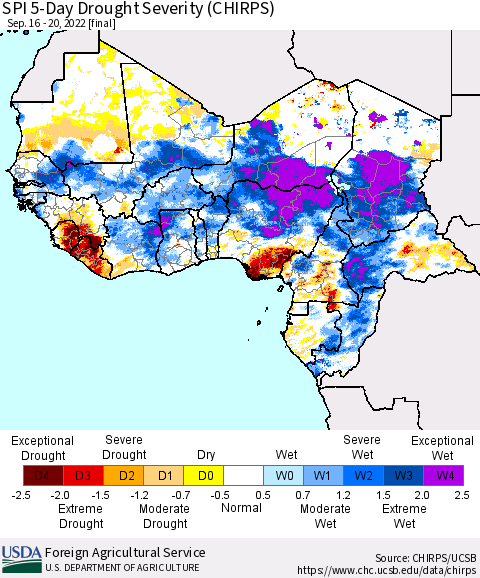 Western Africa SPI 5-Day Drought Severity (CHIRPS) Thematic Map For 9/16/2022 - 9/20/2022