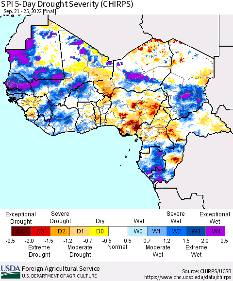Western Africa SPI 5-Day Drought Severity (CHIRPS) Thematic Map For 9/21/2022 - 9/25/2022