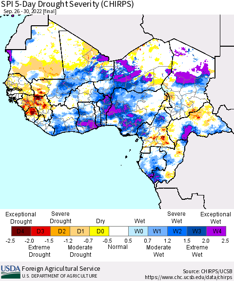 Western Africa SPI 5-Day Drought Severity (CHIRPS) Thematic Map For 9/26/2022 - 9/30/2022