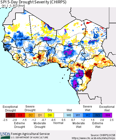 Western Africa SPI 5-Day Drought Severity (CHIRPS) Thematic Map For 10/1/2022 - 10/5/2022