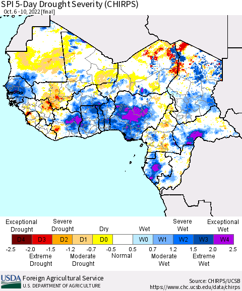 Western Africa SPI 5-Day Drought Severity (CHIRPS) Thematic Map For 10/6/2022 - 10/10/2022