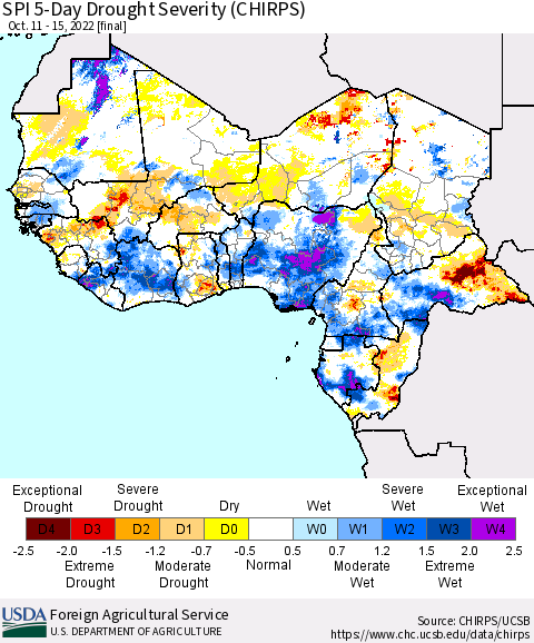 Western Africa SPI 5-Day Drought Severity (CHIRPS) Thematic Map For 10/11/2022 - 10/15/2022