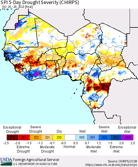Western Africa SPI 5-Day Drought Severity (CHIRPS) Thematic Map For 10/16/2022 - 10/20/2022