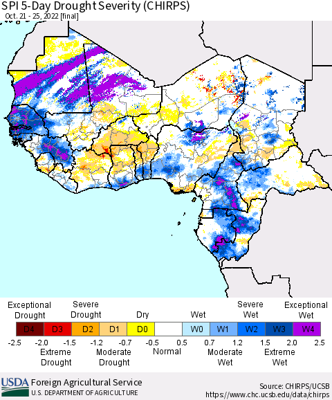 Western Africa SPI 5-Day Drought Severity (CHIRPS) Thematic Map For 10/21/2022 - 10/25/2022