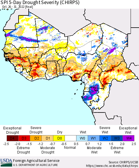 Western Africa SPI 5-Day Drought Severity (CHIRPS) Thematic Map For 10/26/2022 - 10/31/2022
