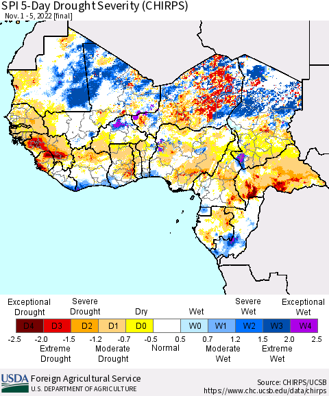 Western Africa SPI 5-Day Drought Severity (CHIRPS) Thematic Map For 11/1/2022 - 11/5/2022