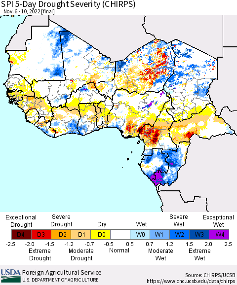 Western Africa SPI 5-Day Drought Severity (CHIRPS) Thematic Map For 11/6/2022 - 11/10/2022