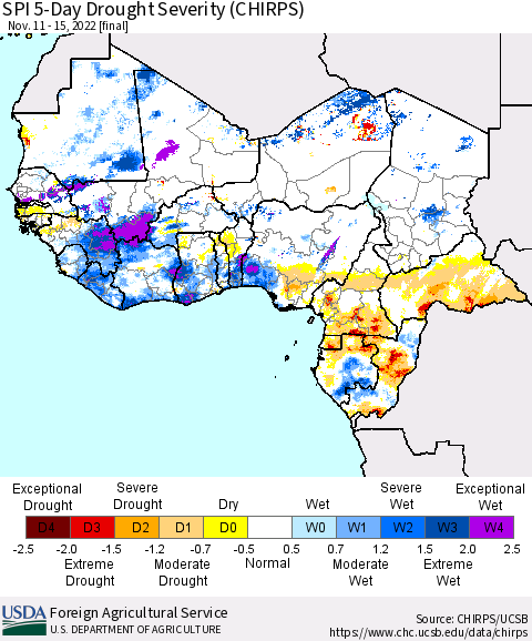 Western Africa SPI 5-Day Drought Severity (CHIRPS) Thematic Map For 11/11/2022 - 11/15/2022
