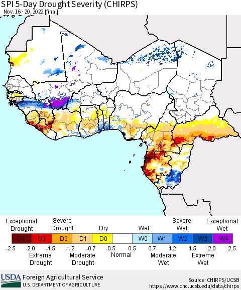 Western Africa SPI 5-Day Drought Severity (CHIRPS) Thematic Map For 11/16/2022 - 11/20/2022