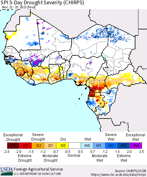 Western Africa SPI 5-Day Drought Severity (CHIRPS) Thematic Map For 11/21/2022 - 11/25/2022