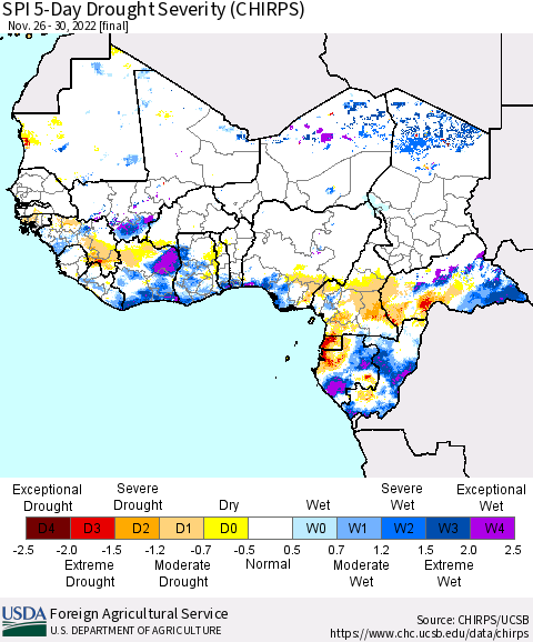 Western Africa SPI 5-Day Drought Severity (CHIRPS) Thematic Map For 11/26/2022 - 11/30/2022