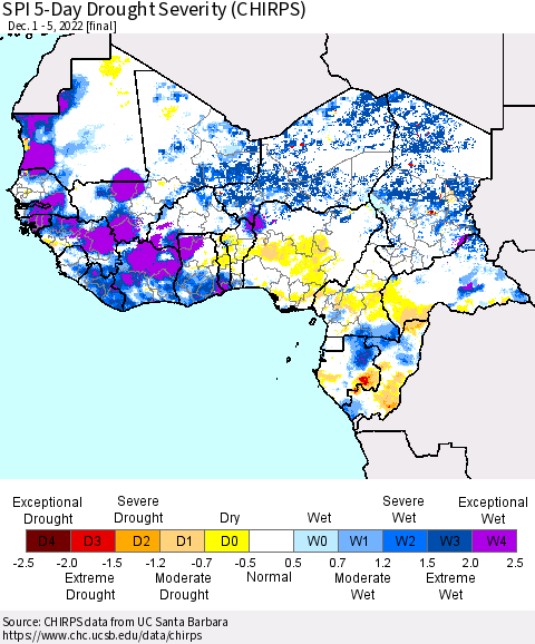 Western Africa SPI 5-Day Drought Severity (CHIRPS) Thematic Map For 12/1/2022 - 12/5/2022