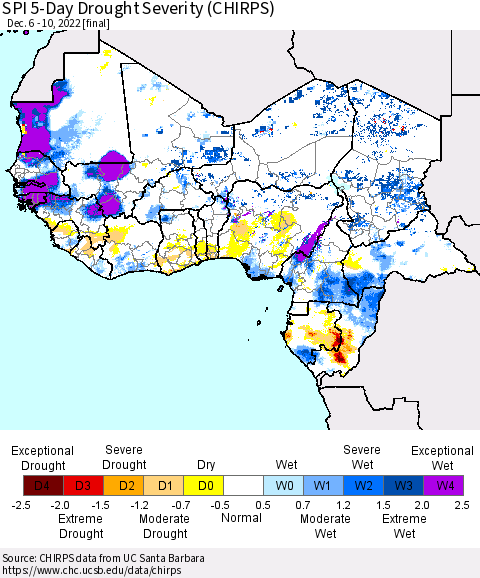 Western Africa SPI 5-Day Drought Severity (CHIRPS) Thematic Map For 12/6/2022 - 12/10/2022