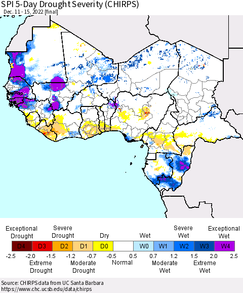 Western Africa SPI 5-Day Drought Severity (CHIRPS) Thematic Map For 12/11/2022 - 12/15/2022