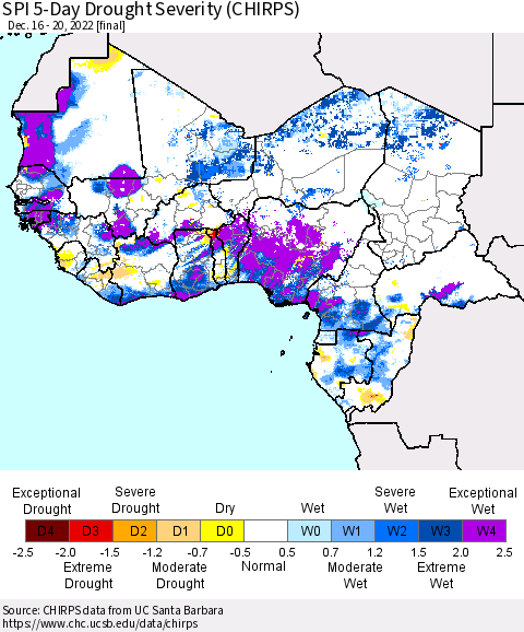 Western Africa SPI 5-Day Drought Severity (CHIRPS) Thematic Map For 12/16/2022 - 12/20/2022