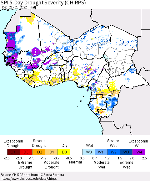 Western Africa SPI 5-Day Drought Severity (CHIRPS) Thematic Map For 12/21/2022 - 12/25/2022