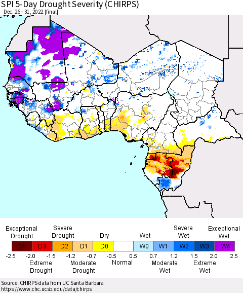 Western Africa SPI 5-Day Drought Severity (CHIRPS) Thematic Map For 12/26/2022 - 12/31/2022