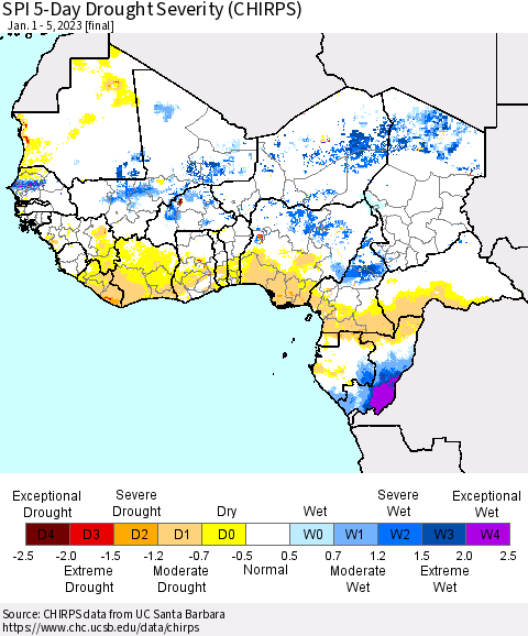Western Africa SPI 5-Day Drought Severity (CHIRPS) Thematic Map For 1/1/2023 - 1/5/2023