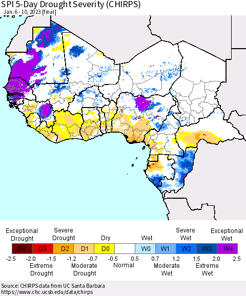 Western Africa SPI 5-Day Drought Severity (CHIRPS) Thematic Map For 1/6/2023 - 1/10/2023