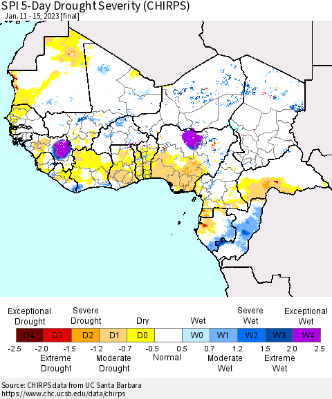 Western Africa SPI 5-Day Drought Severity (CHIRPS) Thematic Map For 1/11/2023 - 1/15/2023