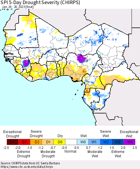 Western Africa SPI 5-Day Drought Severity (CHIRPS) Thematic Map For 1/16/2023 - 1/20/2023